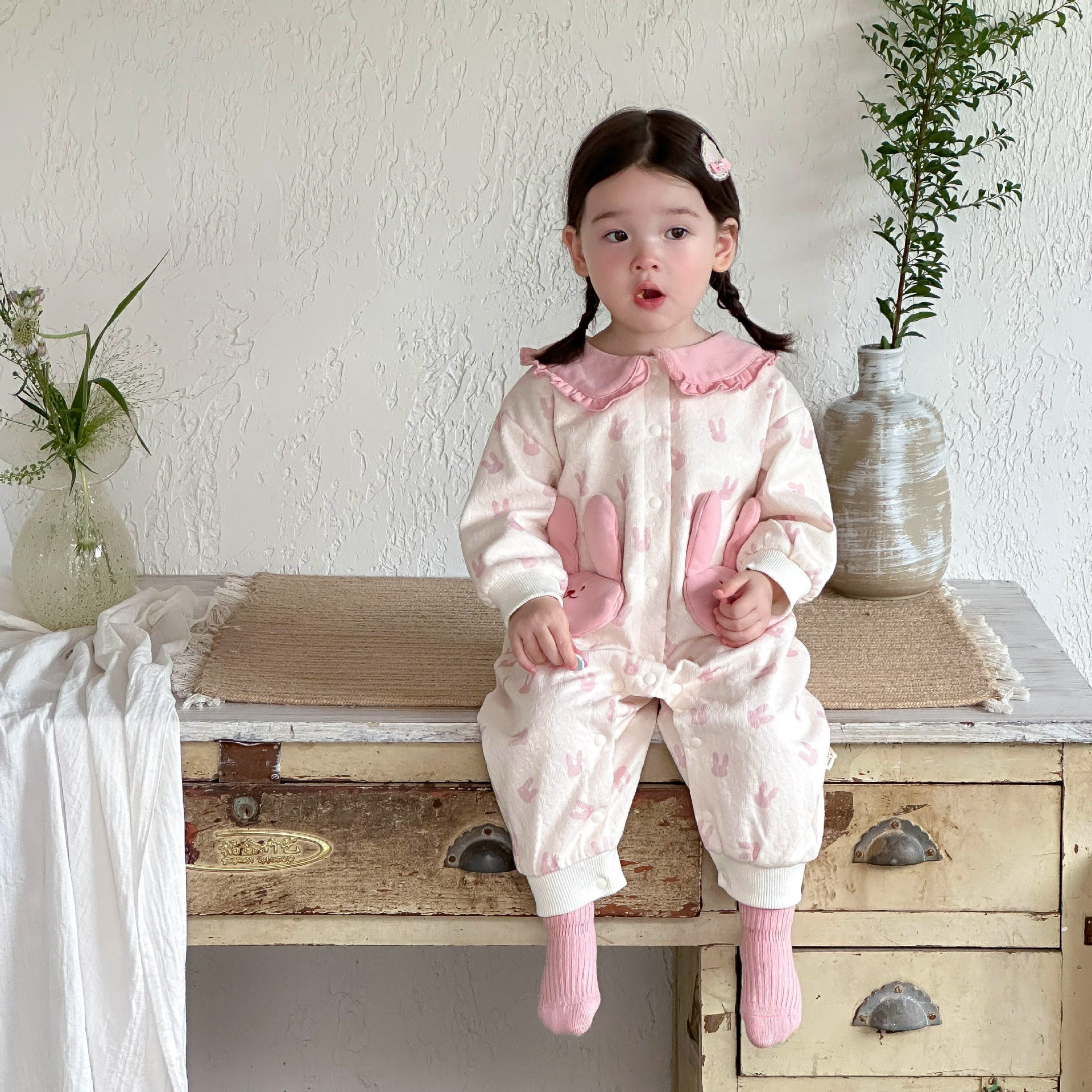 Ropa de otoño para bebés súper lindos, ropa de una pieza de algodón de primavera y otoño para bebés, ropa de salida, lindo conejo, luna llena, cien días