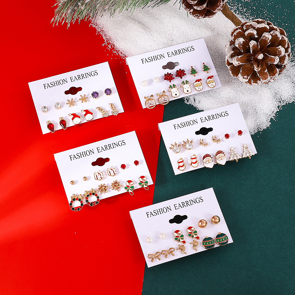 Fashion Santa Claus Snowman Alloy Enamel Inlay Artificial Gemstones Women's Ear Studs 6 Pairs display picture 3