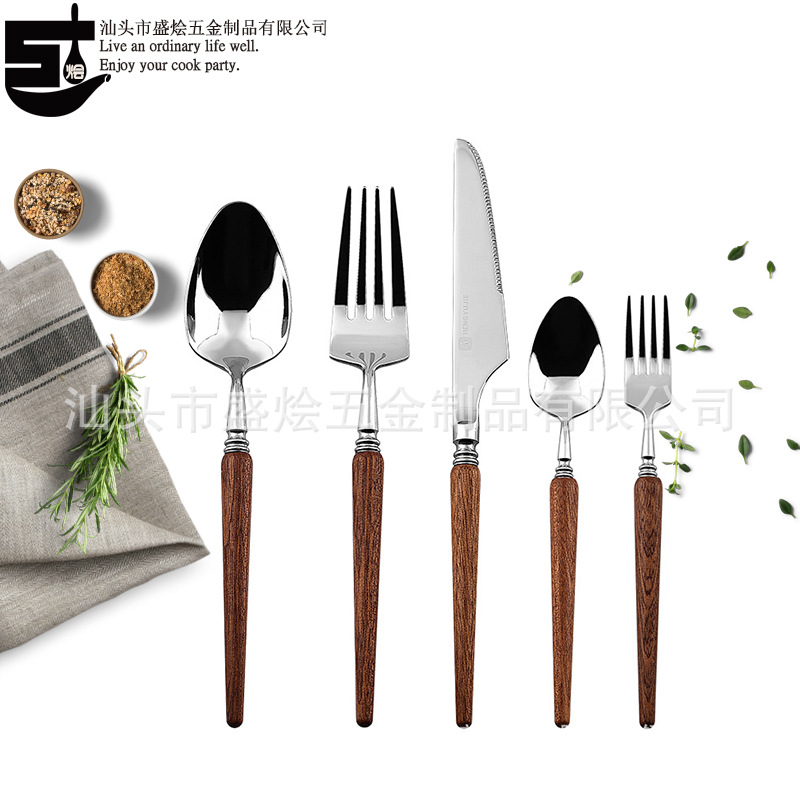 Japanese Wooden Handle Stainless Steel Western Food Knife, Fork and Spoon Tableware Retro Wooden Handle Sus 304 Knife, Fork and Spoon Export Set