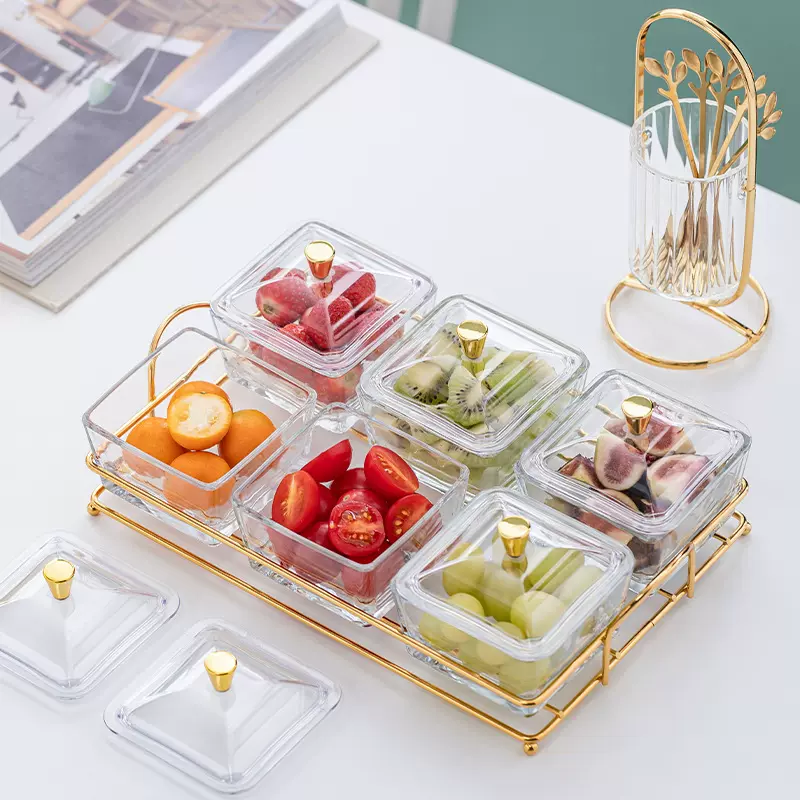 轻奢多格带盖水果盘干果碟创意客厅金架托盘摆件家居装饰品
