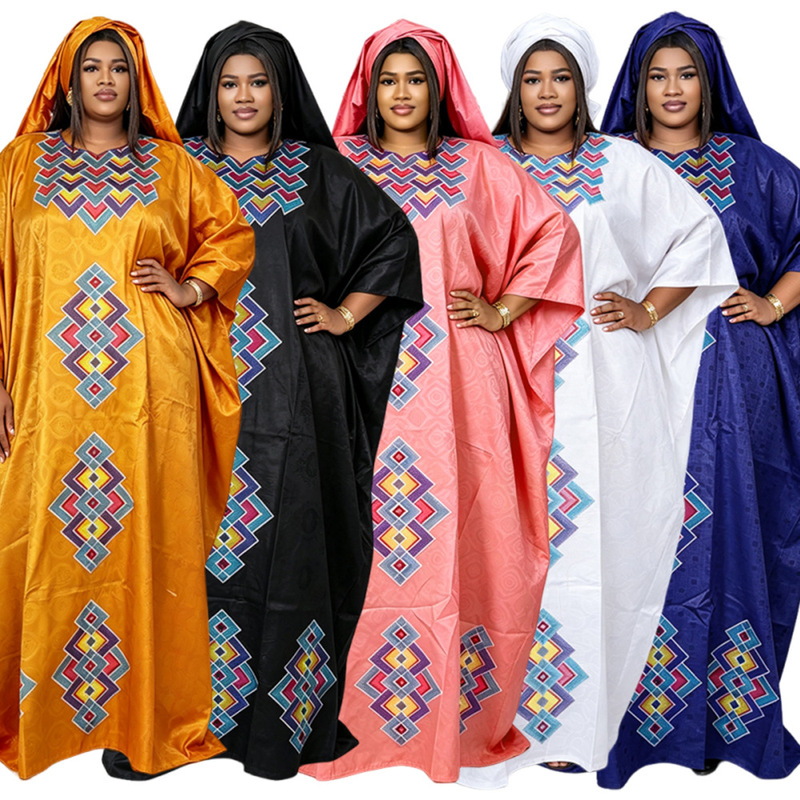 Cross-border AliExpress e-commerce African-style plus-size women's fashion embroidered bat-sleeve loose long robe dress