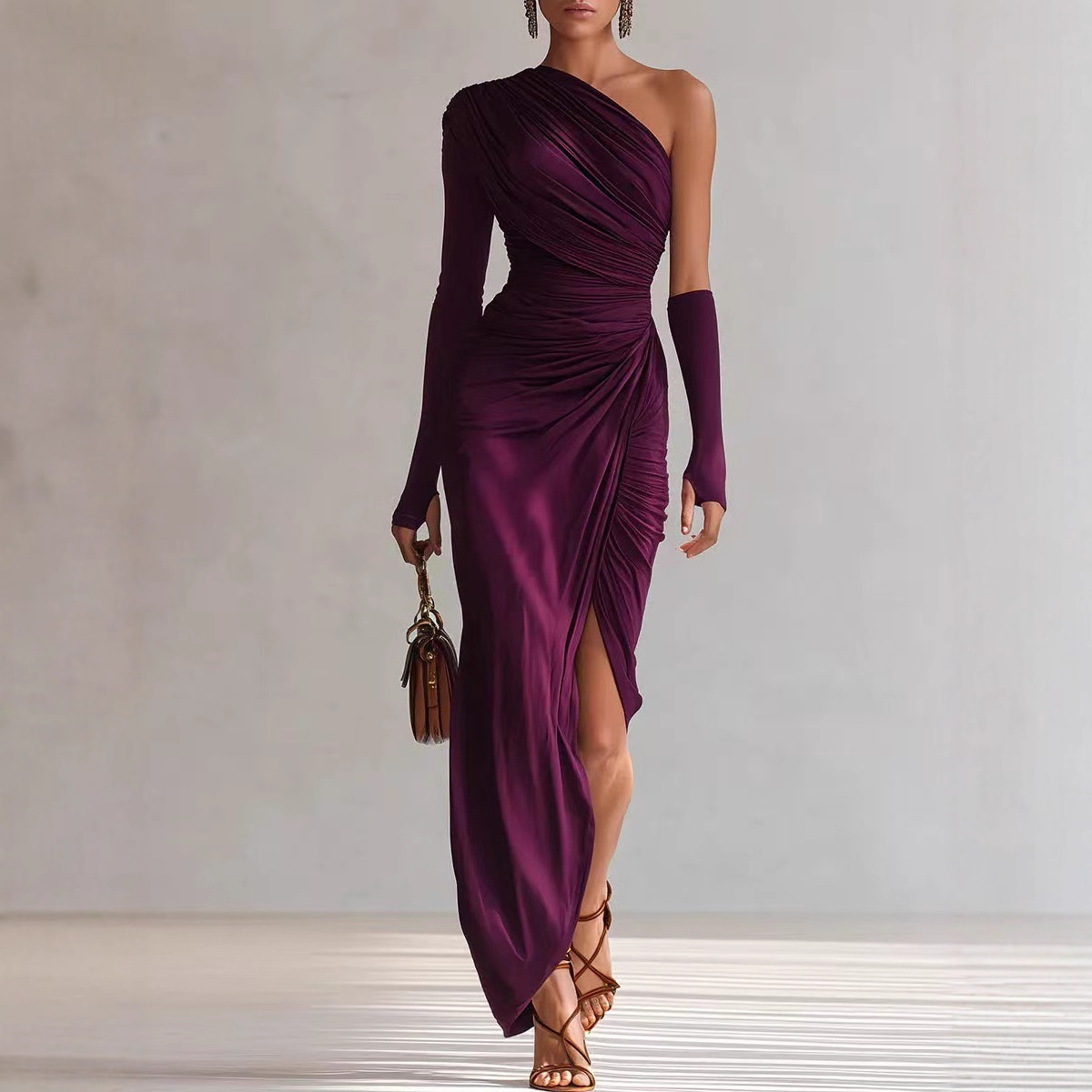 Women's Clothing Spring Autumn Elegant French Style Dress Solid Color Textured Long Sleeve New Fashion Ladies Gown_ecoleips.com