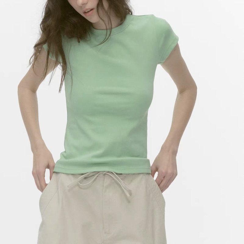 260G Heavy High Elastic Green T-shirt Women's Top Summer Slim Shoulder Solid Color Base Short Sleeve