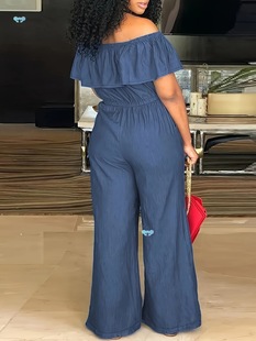 Solid Off Shoulder Tie Waist Jumpsuit Elegant Ruffle Trim