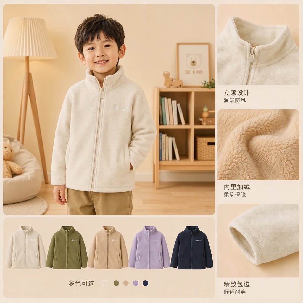 Children's fleece-lined coat, winter thickened warm cardigan for boys and girls, school uniform essential, plus fleece children's clothing.