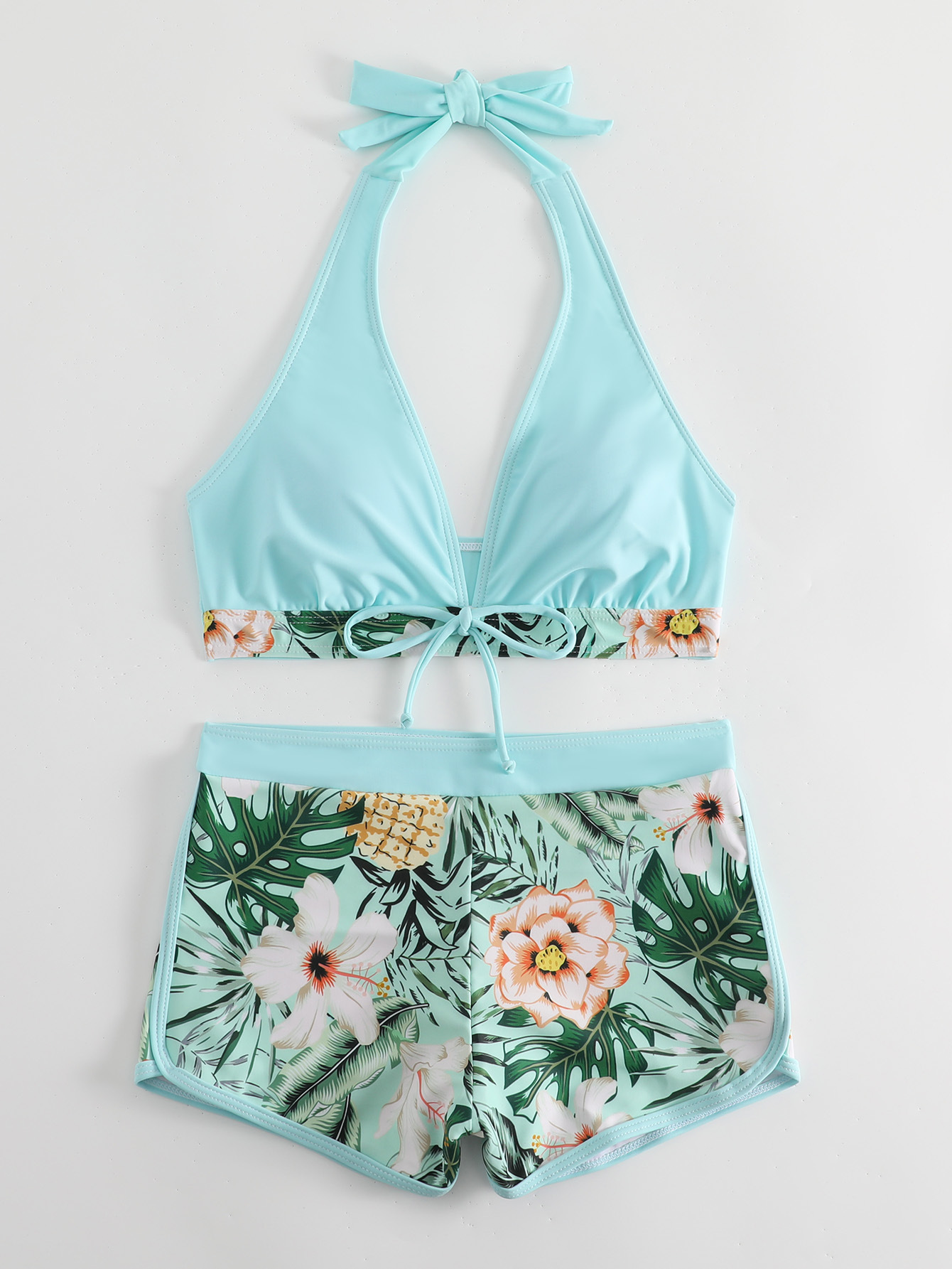 2022 traje de baño de comercio exterior europeo y americano mujer dividida cintura alta boxeador encaje-arriba impreso color sólido costura Internet celebridad AliExpress traje de baño