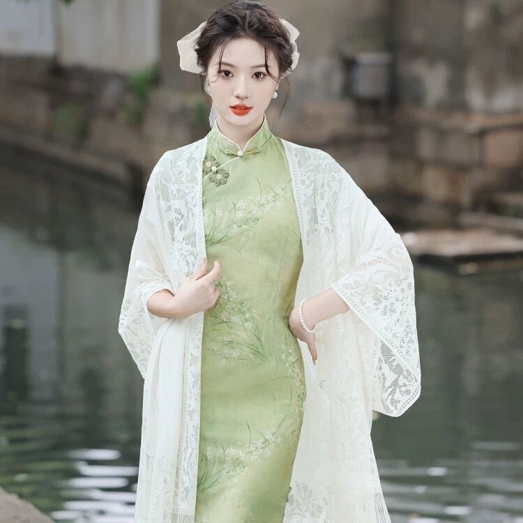 中式旗袍披肩女新款外搭开衫春夏季薄款气质蕾丝镂空流苏古风披肩|undefined