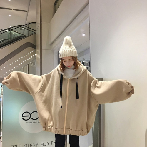 2025 Korean Loose Hooded Sweatshirt Women's Open Cardigan Ins Super Hot Plus Size Zipper Outerwear Trendy