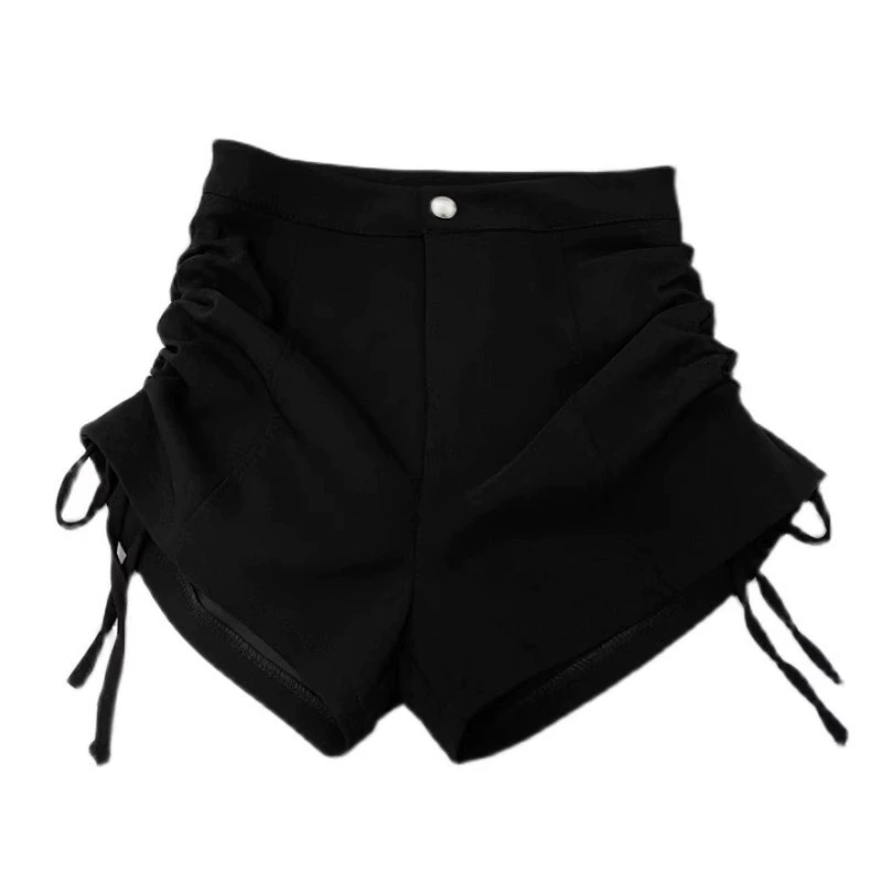 Autumn trousers, boots, black shorts, drawstring, high waist, loose straight fit