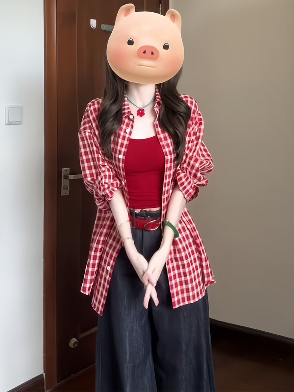 早秋季韩系红色格子防晒长袖衬衫衬衣女2025新款多巴胺绝美上衣|undefined