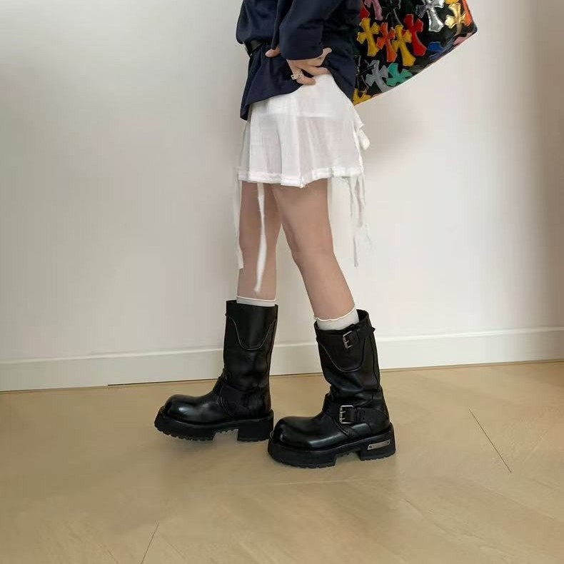 ヨーロッパステーション 2025 新しいスタイル牛革レトロオールドナイトブーツ女性のベルトバックルナイトブーツヴェンザーミッドカーフブーツ女性|undefined
