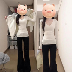 白色v领长袖T恤女秋冬季基础款内搭修身显瘦打底衫百搭上衣女批发