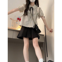 日系学院风上衣荷叶边条纹衬衫女夏季+松紧高腰半身裙jk制服套装