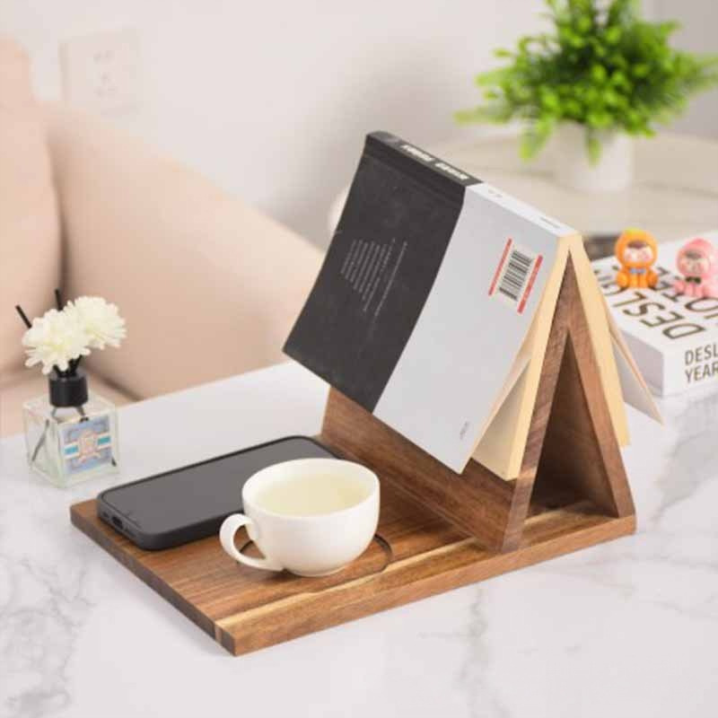 Cross-Border New Model Solid Wood Triangular Book Stand Acacia Wood with Coaster Holder Reading Stand Home Bedroom Desktop Bookshelf