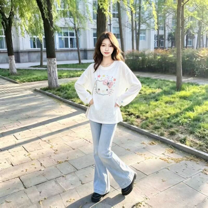 Korean-style gentle watercolor Hello Kitty sheer long-sleeve T-shirt for women, loose, lightweight, sun-protective, and suitable as an undershirt for air-conditioned environments