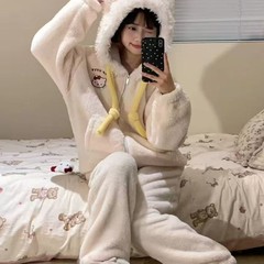 冬季保暖珊瑚绒睡衣女超萌卡通Kitty猫套装美少女学生宿舍家居服