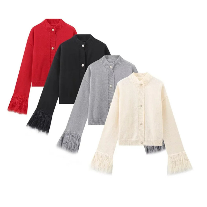 European and American Style Women's Clothing, Popular Cross-Border Product, Lazy and Versatile, Solid Color Spliced Feather Knit Cardigan