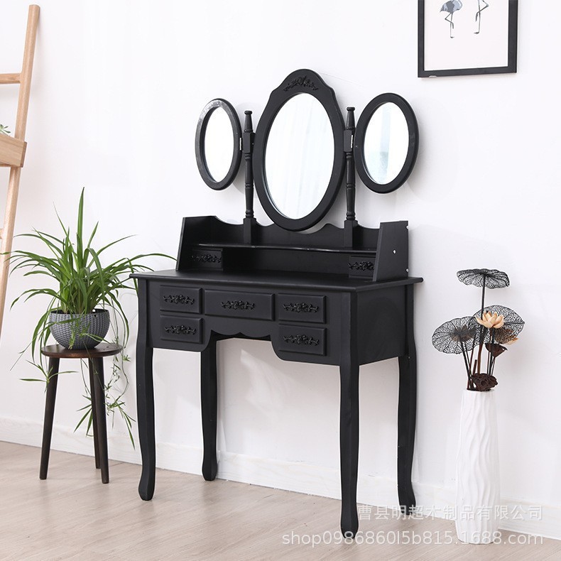 Solid Wood Dressing Table Simple Black Bedroom Dressing Table Bedroom Storage Makeup Mirror Dressing Stool Matching Classical Table