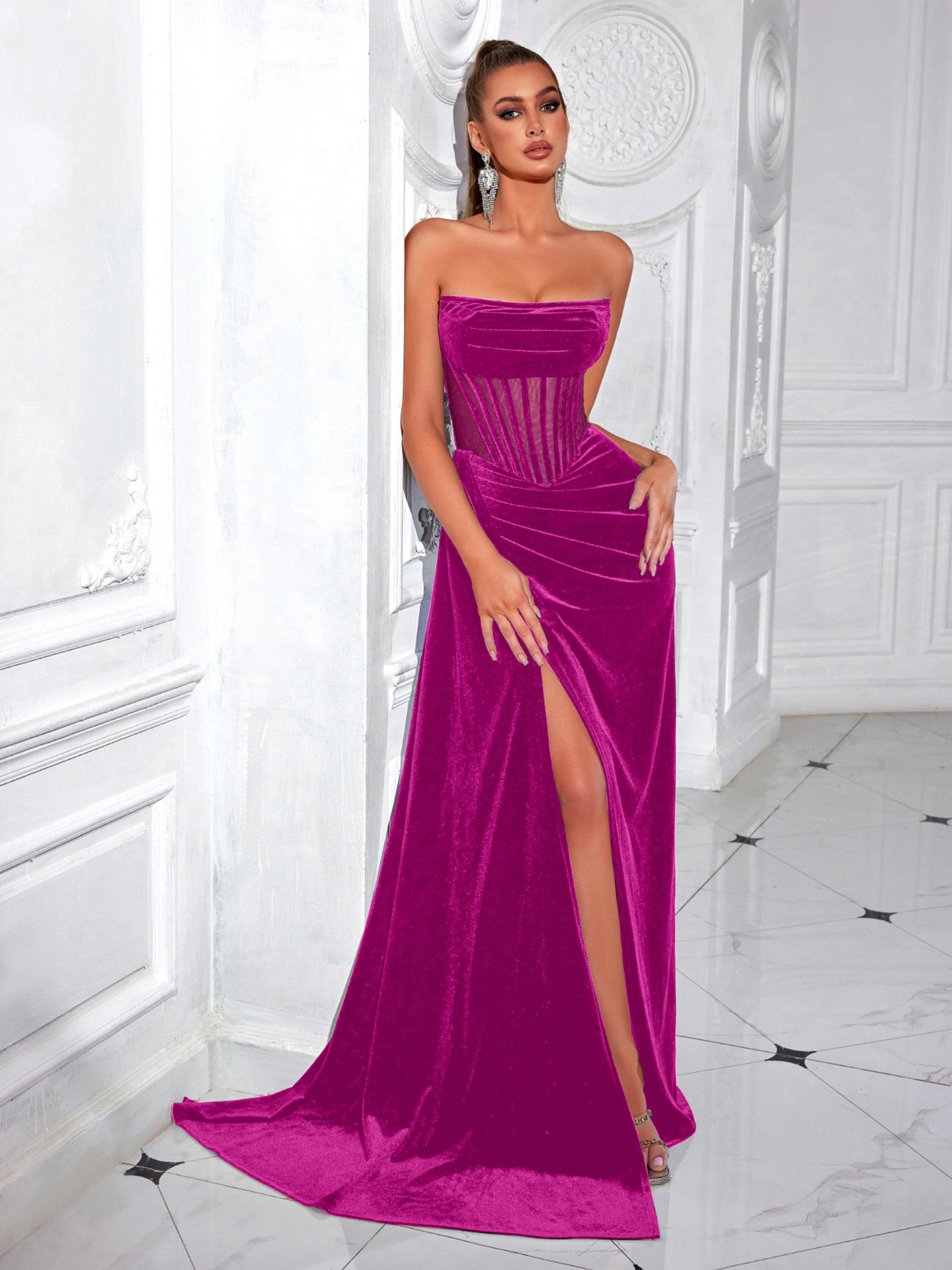Nuevo vestido de terciopelo coreano transfronterizo sexy de hueso de pez, vestido de fiesta de pecho, vestido largo de alta gama al por mayor
