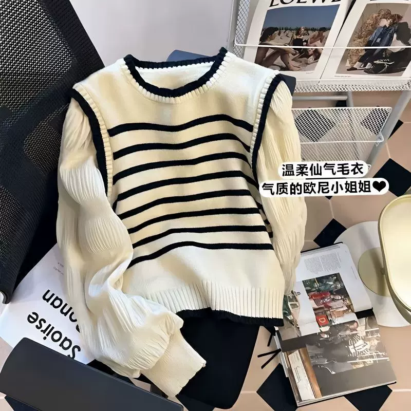 法式拼接条纹假两件针织衫女早春减龄毛衣甜美泡泡袖上衣拼接设计