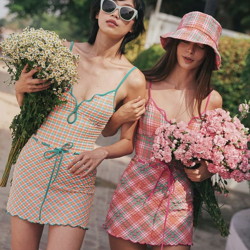 Sweet Girly Small Fragrant Style Rhombus Conservative Split Skirt Style Simple One-Piece Sexy Backless Swimsuit Women's Swimsuit