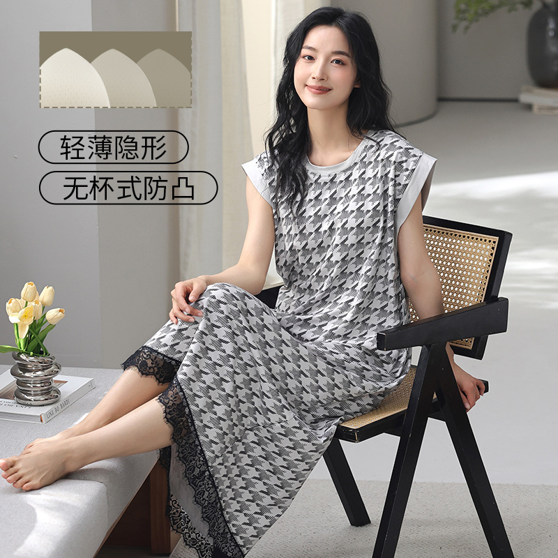 胸パッド付きノースリーブベスト純綿ナイトガウン女性の夏の韓国スタイルルーズ甘いかわいいパジャマドレスホームウェア|undefined