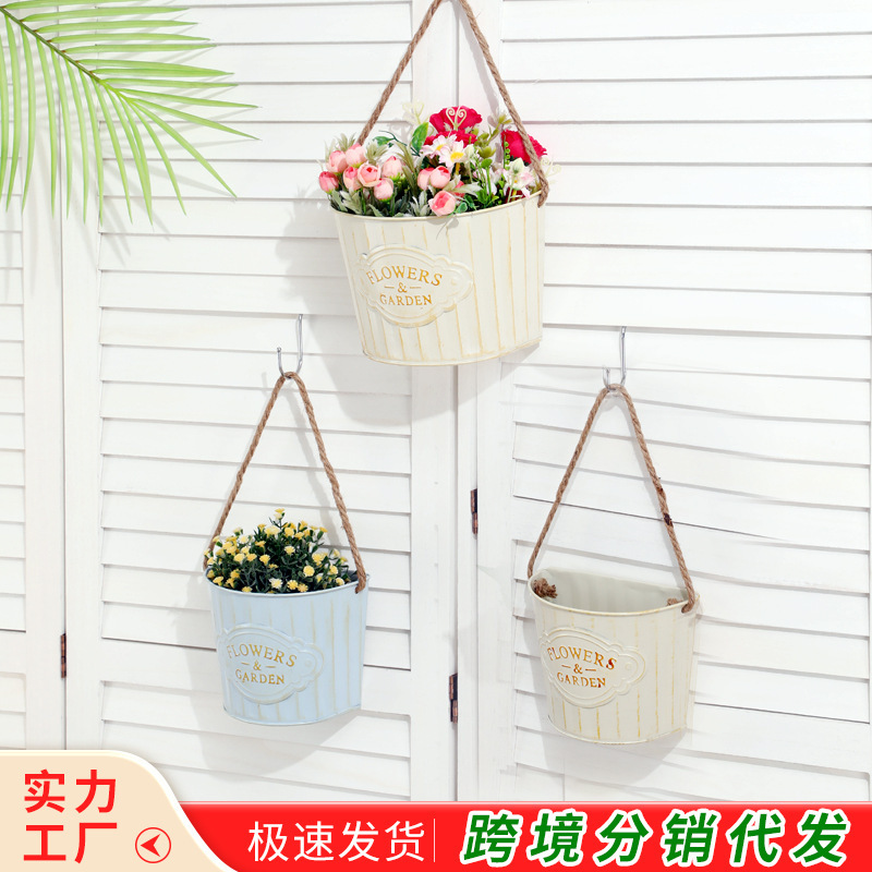 Cross-Border Hot Selling New Iron Flower Pot Removable Wall Hanging Hook Balcony Succulent Hanging Bucket Retro Iron Flower