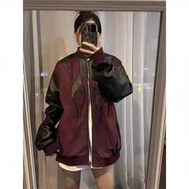 美式复古拼接撞色飞行员夹克男女生春秋潮高街宽松情侣棒球服外套