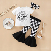 欧美童装儿童夏装新款休闲短袖字母T恤加黑白格子喇叭裤女童套装