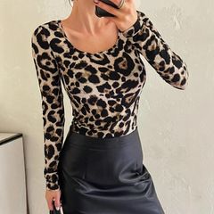 European and American cross-border Amazon 2025 spring new women's leopard print large round neck slim long-sleeved T-shirt top for women