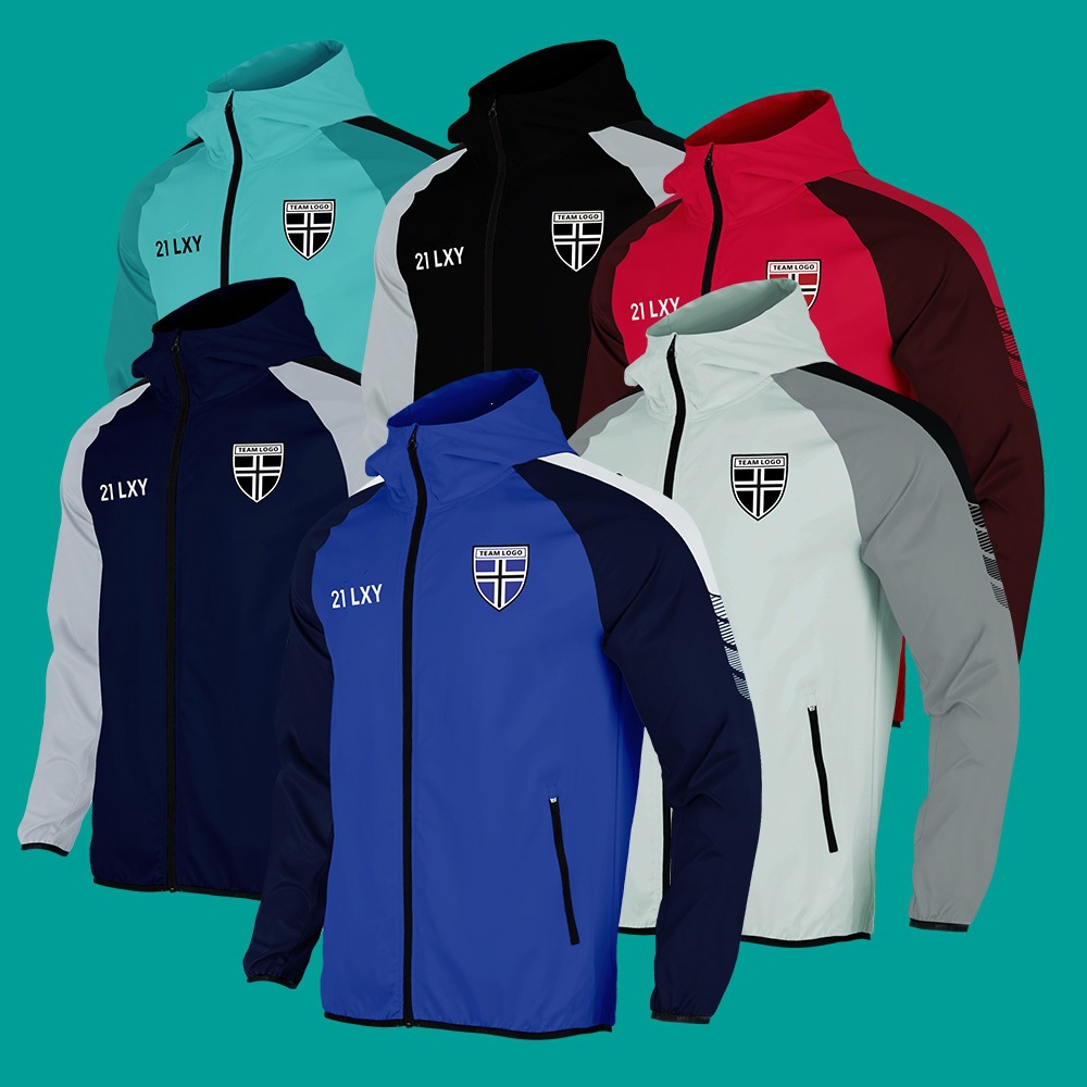 Lightweight sports raincoat for men and women, suitable for travel, hiking, and outdoor activities; also available as a windbreaker for soccer teams, with options for team logos and designs
