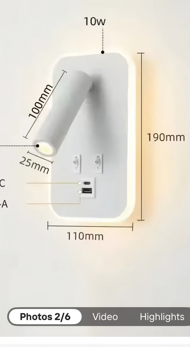 Lámpara de Pared LED para Lectura con Puerto USB de Aluminio para Dormitorio y Hotel