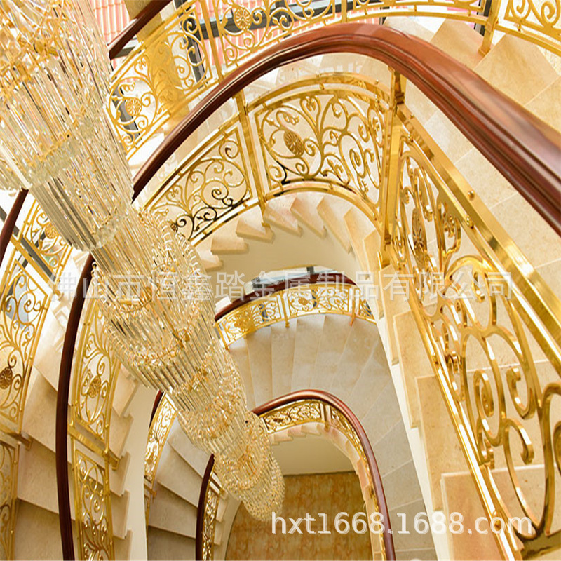 广东工厂承接黄铜雕花旋转楼梯护栏 别墅复式走廊 阳台金色护栏