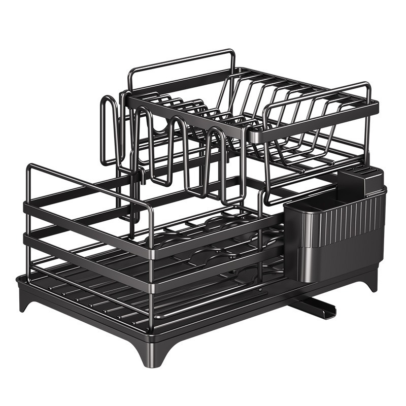 Estante de almacenamiento de cocina multifuncional de descarga automática de platos de almacenamiento de platos de drenaje de agua con bandeja de recepción de agua palillos barril de tablero de corte estante de almacenamiento