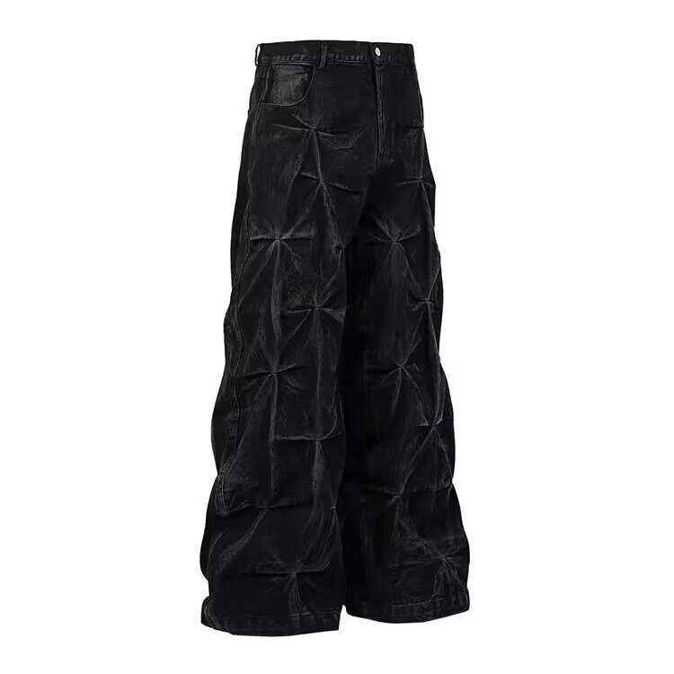 Jeans neri plissettati stile retrò da uomo, pantaloni a gamba larga, vestibilità ampia, stile street americano, marchio di tendenza di nicchia._voghion.com
