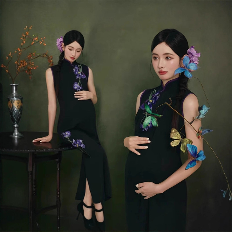 New Chinese Style Beautiful Cheongsam Improved Retro Style Pregnant Women's High-End Daily Wearable Purple Orchid Embroidered Dress