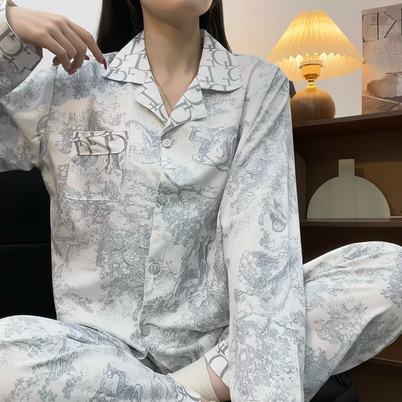 2025新款【D家记忆】印花冰丝睡衣女长袖长裤套装宽松薄款家居服|undefined