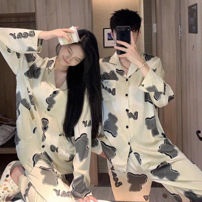 Pajamas de tinta de alto nivel de primavera y otoño de mujeres de manga larga seda de hielo de verano delgada ropa de seda para hombres