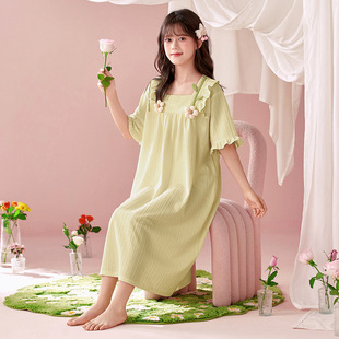 Girl's Summer Nightdress Cute Flower Princess Style Thin Children's Pajamas Short-sleeved Midi Dress for Middle School Students
