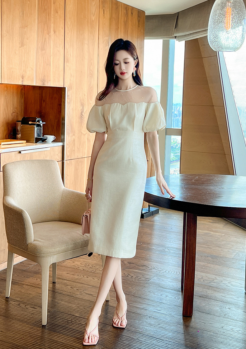 Đầm dự tiệc maxi nữ tay phồng thắt eo kiểu dáng thanh lịch — Màu kem chi tiết 9