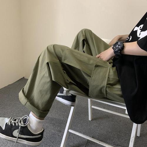 Military Green Work Pants for Men, Trendy Loose Straight Spring and Autumn Casual Pants, Versatile Korean Style Trendy Wide Leg Pants for Men