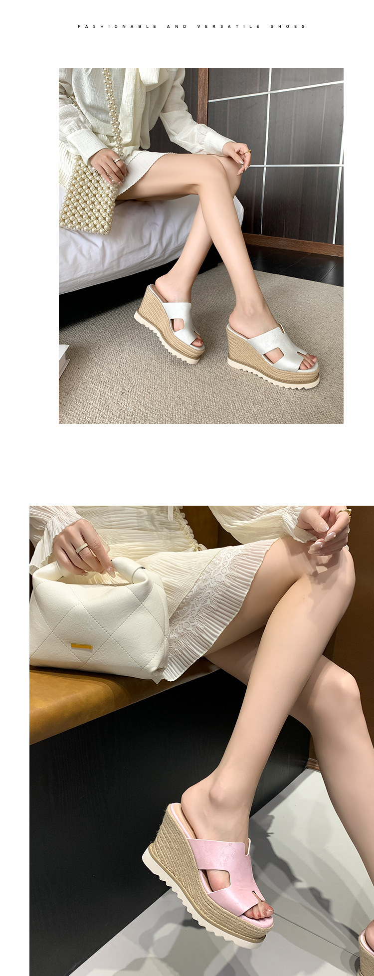 Sandal cao gót nữ hở mũi đế xuồng bện cói da bò thật — màu be, màu hồng, màu xanh huỳnh quang chi tiết 5