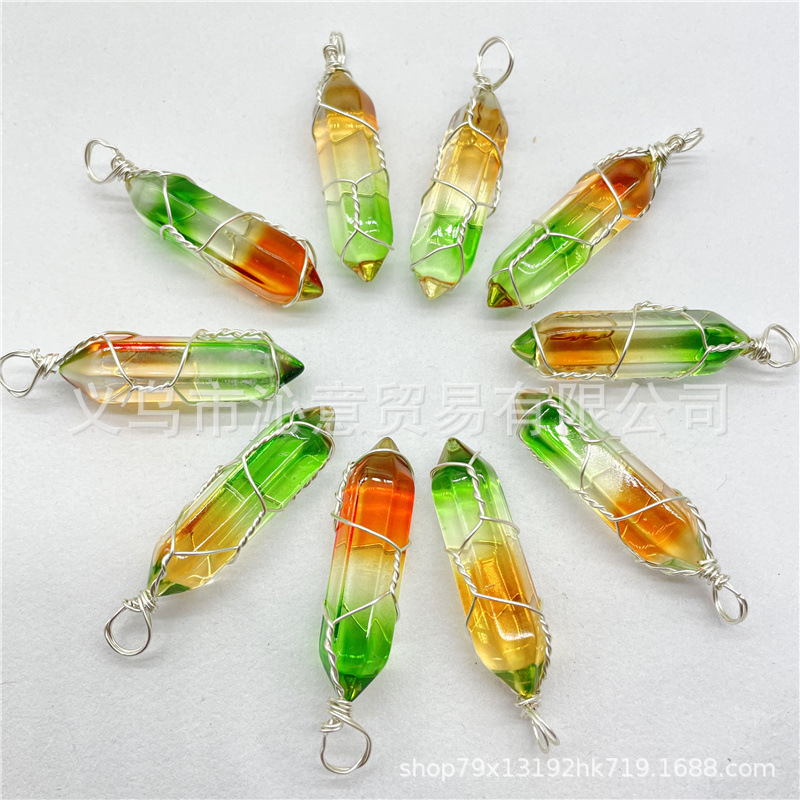 Comercio exterior caliente bobina hexagonal columna colgante collar de cristal natural hecho a mano de plata hilo bala joyería al por mayor