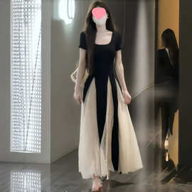 法式高级感气质网纱短袖连衣裙女2026夏御姐收腰显瘦别致大摆长裙