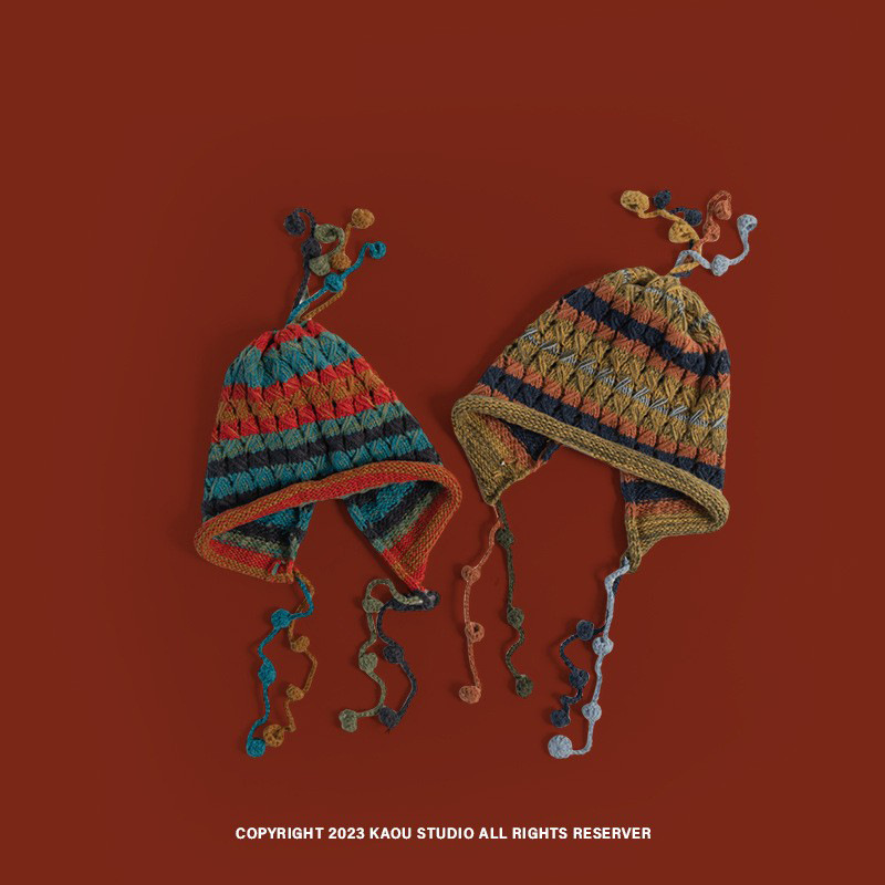 Japonés retro hecho a mano ganchillo nicho borla sombrero de lana hembra otoño e invierno cálido protección del oído sombrero de punto entre padres e hijos sombrero frío