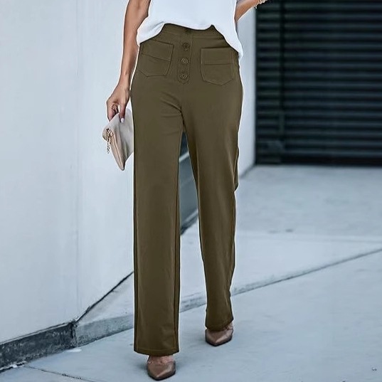 Women's High-Waisted Straight Leg Pants With Multiple Pockets - Stretch Comfort Casual Trousers For Everyday Wear_ecoleips.com
