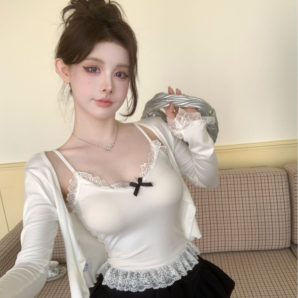 Spring white lace bra top sleevless with bow