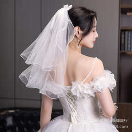 dy发光头纱网红同款新娘结婚拍照双层短款蝴蝶结小头纱地摊批发