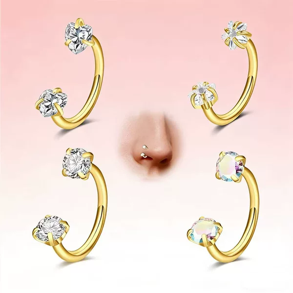 European and American Stainless Steel Horseshoe Barbell Internal Thread C-Shape U-Shaped Double-Ended Zircon Nose Ring Body Piercing Nose Stud Lip Ear Stud Jewelry