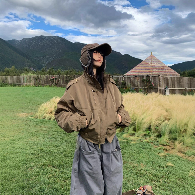 美式复古工装风短款夹克机车外套女早秋季防风宽松立领设计感上衣|undefined